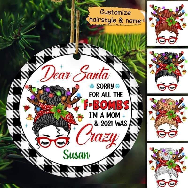 F-Bomb Mom Funny Christmas Gift パーソナライズされたサークルオーナメント