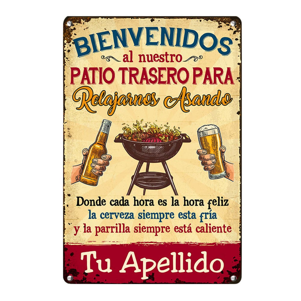 Personalized Backyard Chillin & Grillin Spanish Patio Metal Sign