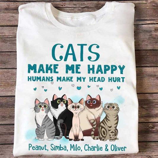 Cats Make Me Happy Sitting Cat Cartoon Personalized Shirt