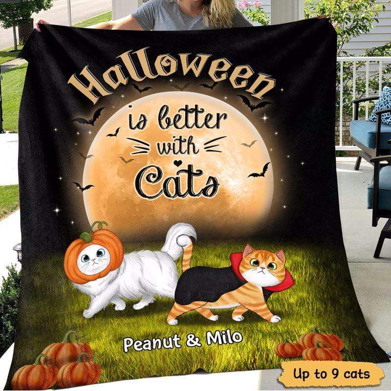 Halloween With Walking Fluffy Cats Personalized Fleece Blanket