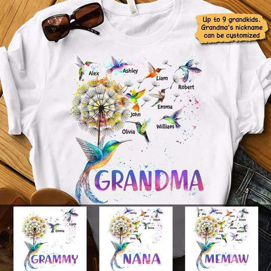 Grandma Colorful Dandelion Hummingbird Personalized Shirt