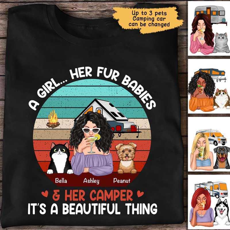 Camping Girl And Fur Babies Retro Personalized Shirt