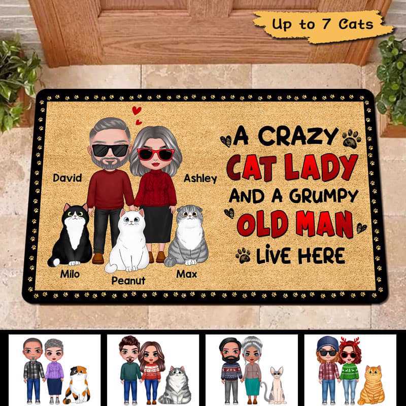 Crazy Cat Lady Old Couple Personalized Doormat