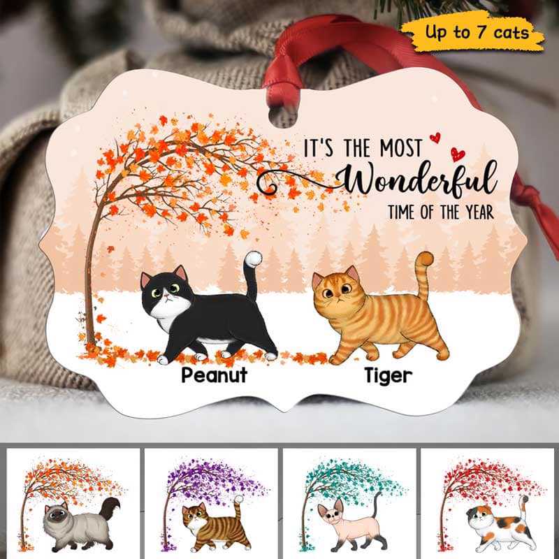 Fluffy Walking Cats Under Tree Personalized Christmas Ornament