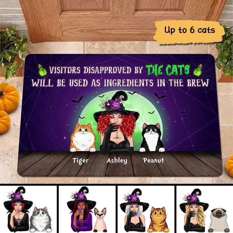 Halloween Ingredients In The Brew Witch & Fluffy Cat Personalized Doormat