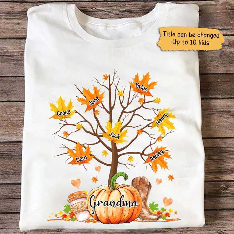 Grandma Pumpkin And Leaves Kids Fall Season Personalized Shirt