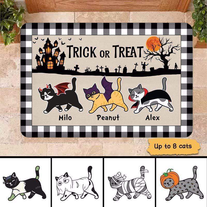 Trick Or Treat Halloween Buffalo Plaid Walking Cats Personalized Doormat