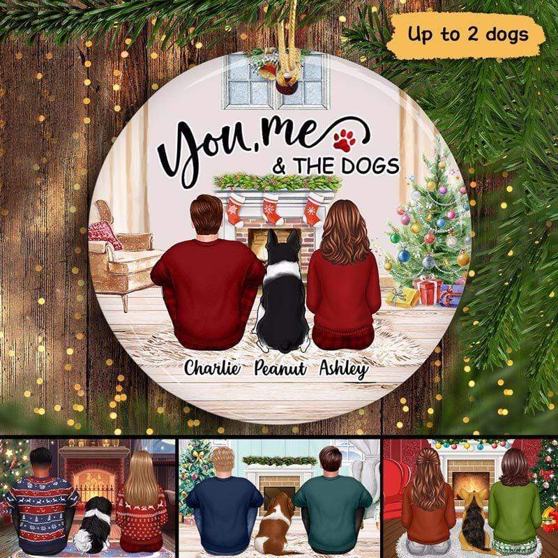 Christmas Couple And Dogs Sitting In House Personalized Circle Ornament