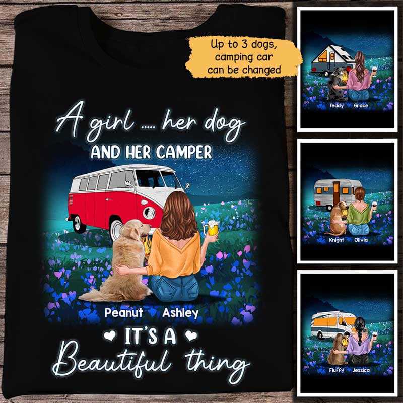 Night Field A Girl Her Dogs Her Camper Personalized Shirt