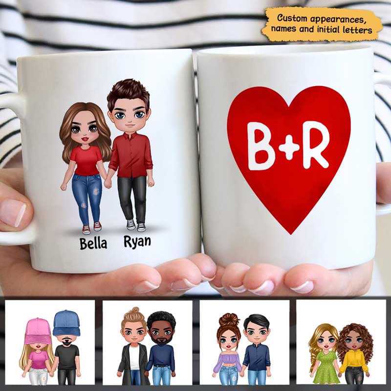 Doll Couple Standing Heart Name Initial Letter Valentine‘s Day Gift Personalized Mug