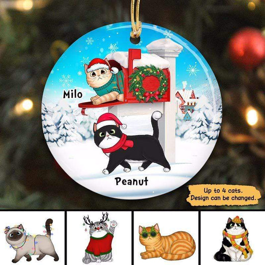 Cats With Mailbox Christmas Personalized Circle Ornaments