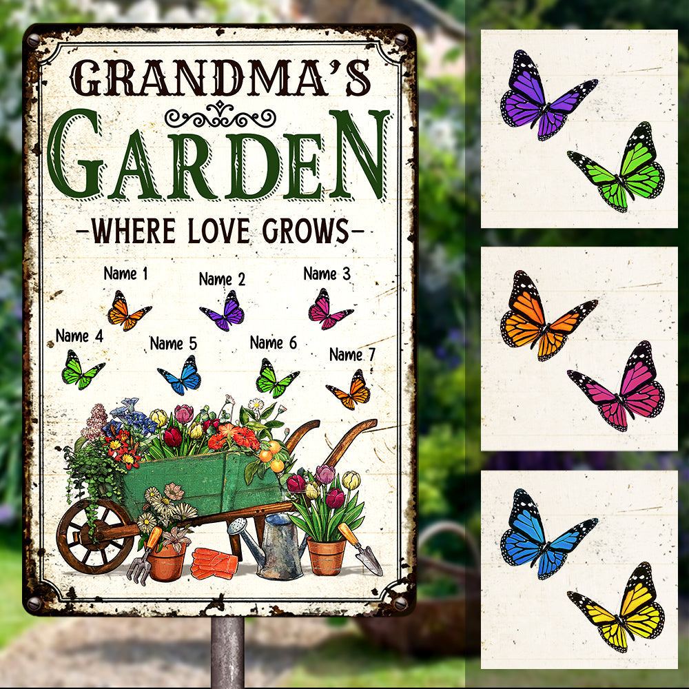 パーソナライズされたMom Grandma Butterflies Gardenメタルサイン