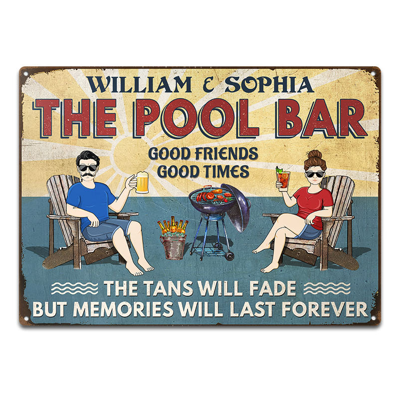 Poolside Grilling The Tans Will Fade Couple Husband Wife - Backyard Sign - Personalized Custom Classic Metal Signs