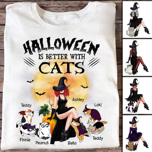 Halloween Witch Sitting On Pumpkin With Cats Personalized Shirt