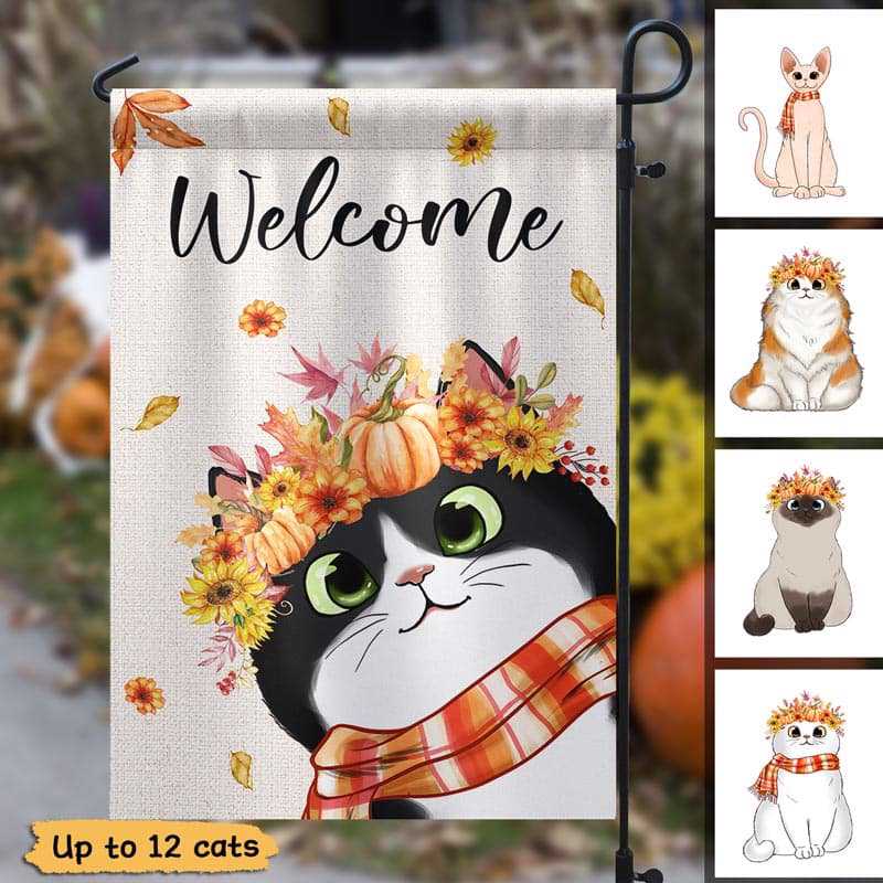 Hello Fall Cute Peeking Cat Personalized Garden Flag