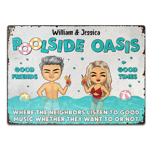 Swimming Poolside Oasis Listen To Good Music - Personalized Custom Classic Metal Signs