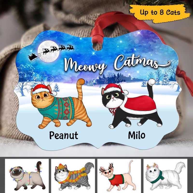 Fluffy Cats Walking In Christmas Night Personalized Christmas Ornament