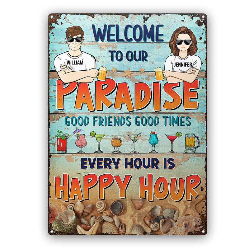 Couple Welcome To Our Paradise Husband Wife - Backyard Sign - Personalized Custom Classic Metal Signs