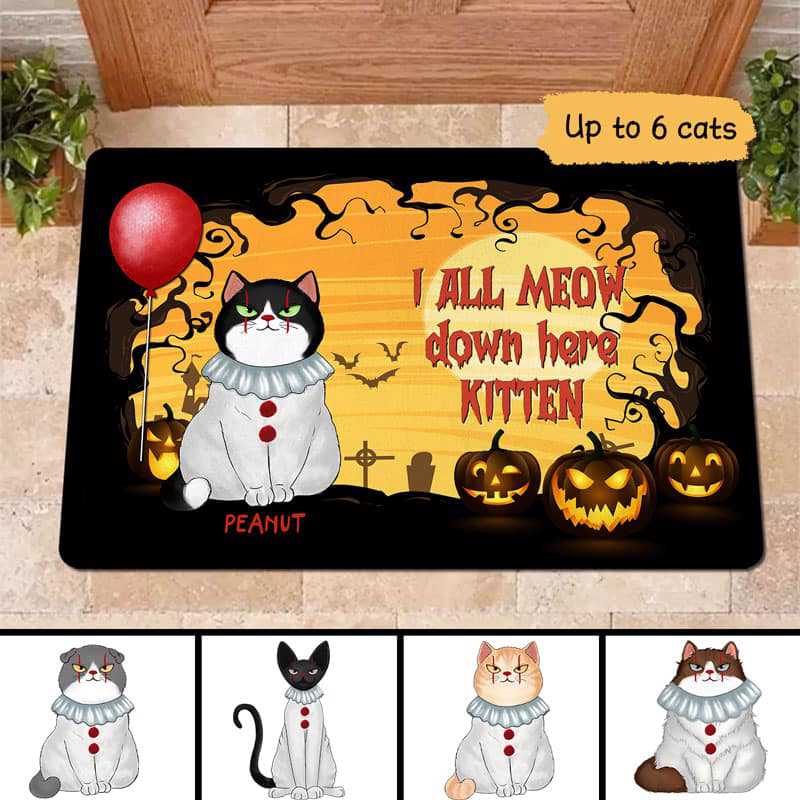 We All Meow Down Here Kitten Halloween Personalized Doormat