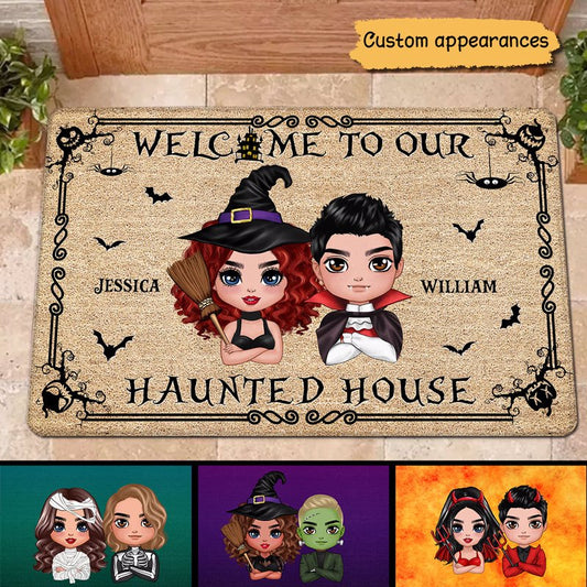 Welcome To Our Haunted House Doll Couple Halloween Personalized Doormat