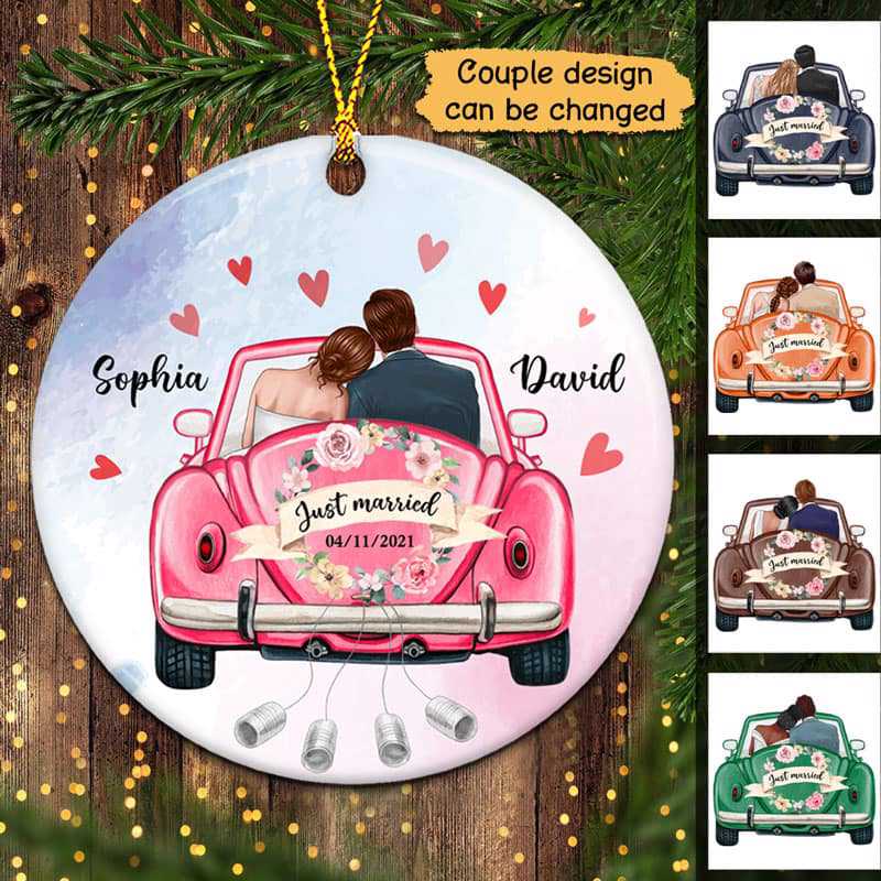Just Married Wedding Car Personalized Circle Ornament