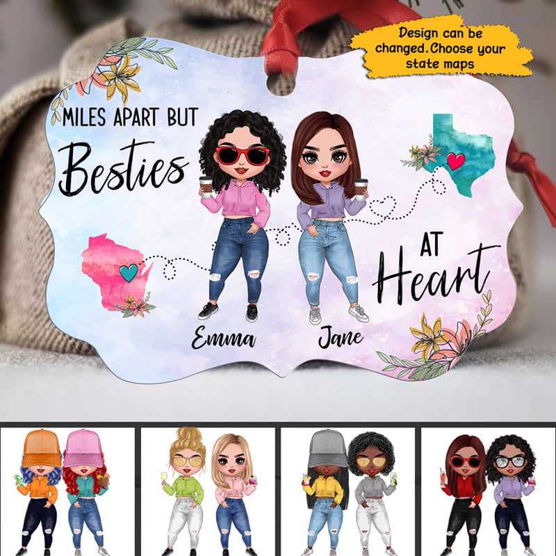Besties At Heart Long Distance State Map Doll Personalized Christmas Ornament