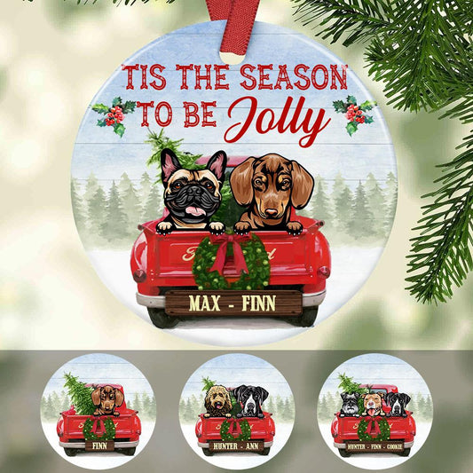 Personalized Dog Red Truck Jolly Christmas Ornament