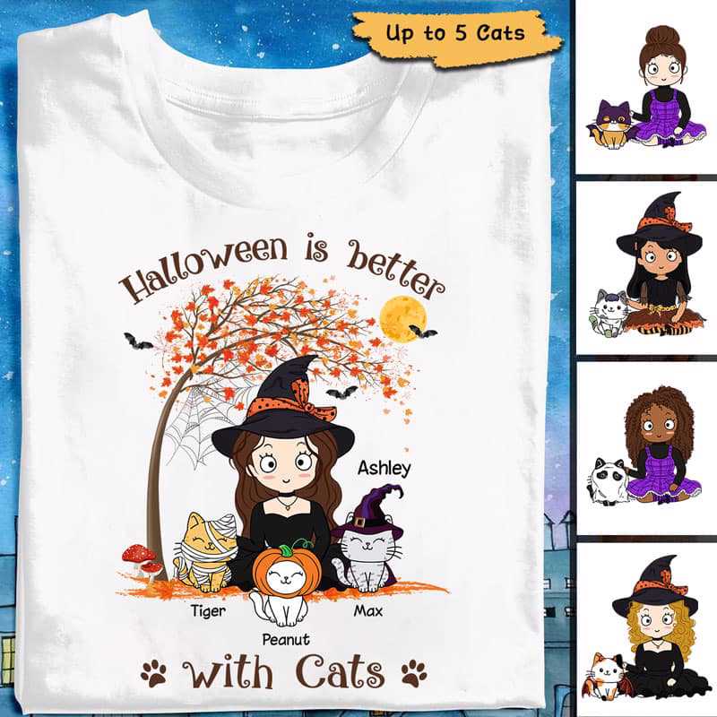 Most Wonderful Time Halloween Chibi Girl & Cats Personalized Shirt
