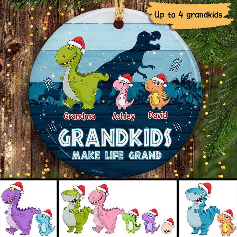 Grandkids Make Life Grand Dinosaur Family パーソナライズされたサークルオーナメント