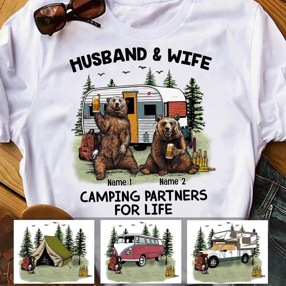 Personalized Couple Bear Husband Wife Camping T Shirt