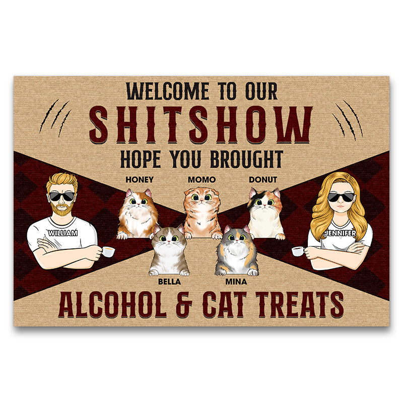 Welcome Hope You Brought Acohol &amp; Cat Treats - 猫好きへのギフト - パーソナライズされたカスタムドアマット