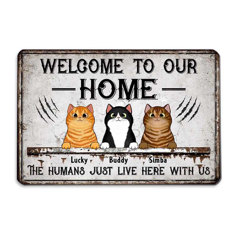 Fluffy Cats Welcome To Our Home パーソナライズされたメタルサイン