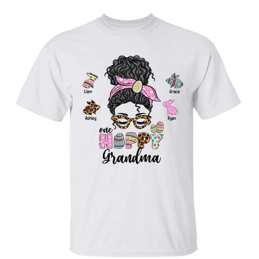 Easter One Hoppy Grandma Mom Messy Bun Personalized Shirt