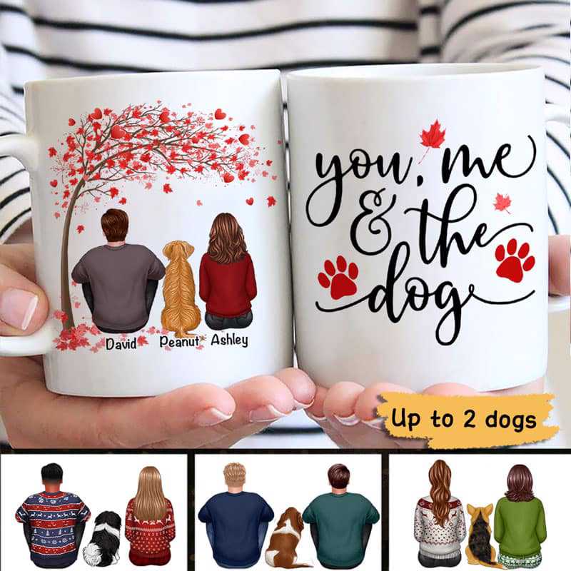Couple Sitting With Dogs Under Tree Valentine Gifts Personalized Mug