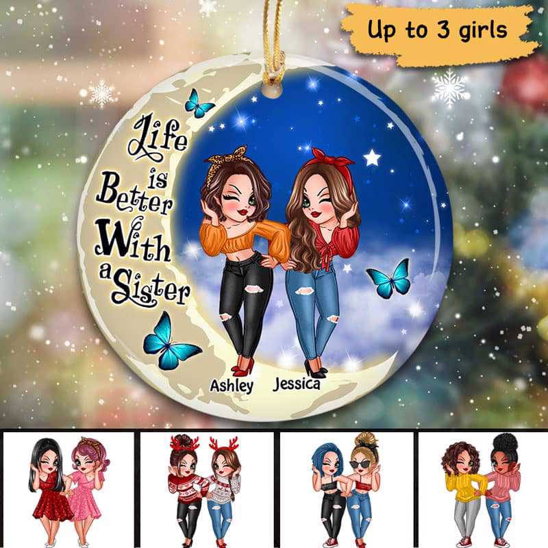 Sassy Girls On Moon Personalized Circle Ornament