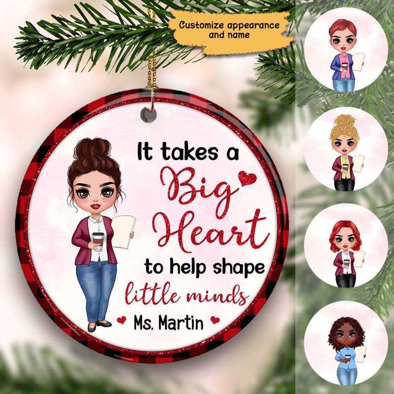 Big Heart Shape Little Minds Teacher Personalized Circle Ornament