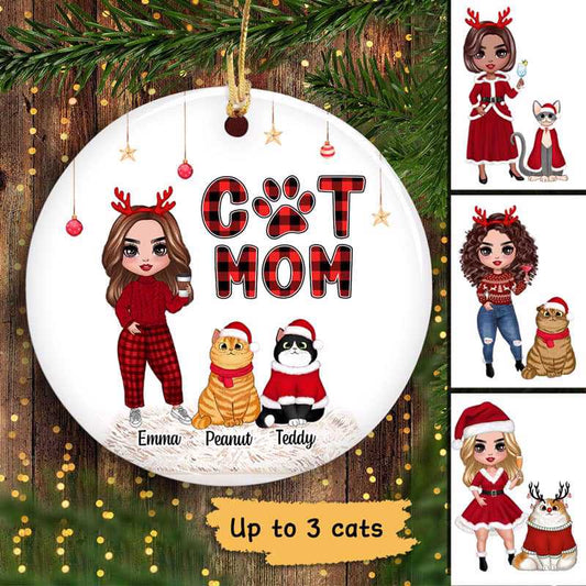 Cat Mom Checkered Personalized Circle Ornaments