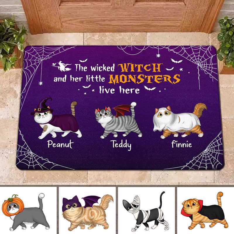 Halloween Fluffy Cat & Wicked Witch Personalized Doormat