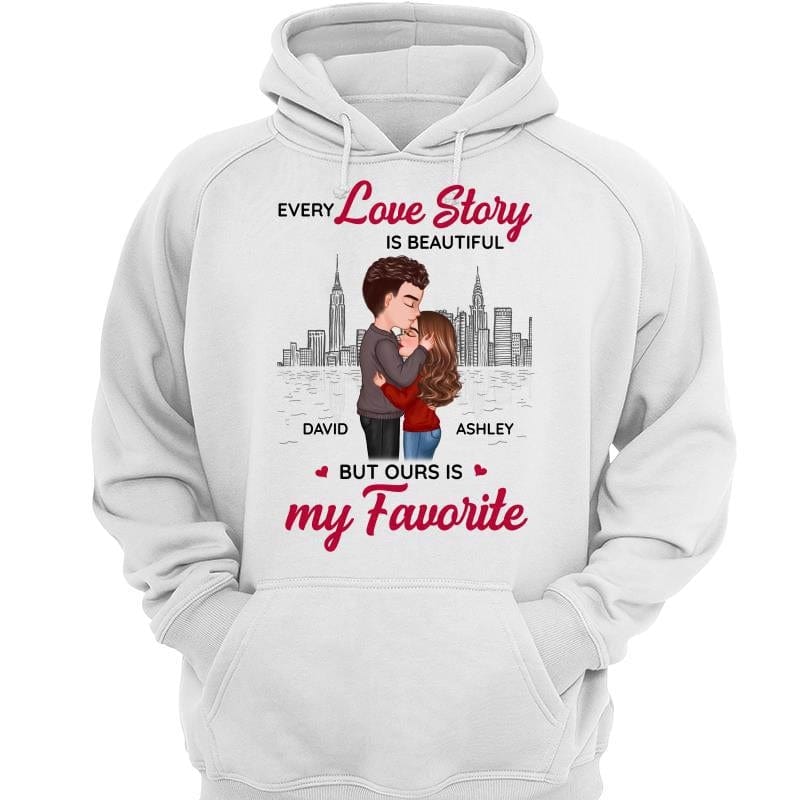 Doll Couple Kissing Skyline Valentine‘s Day Gift For Him For Her Personalized Hoodie Sweatshirt