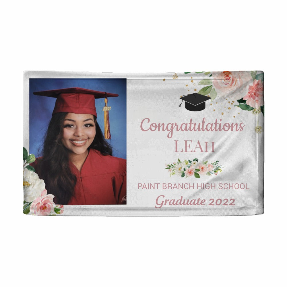 2022 パーソナライズされた名前/写真、上品なブラッシュピンクの花の卒業生卒業パーティーバナー