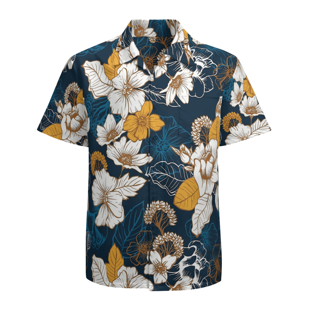 Navy And Gold Peony And Blossom Seamless Pattern Graphic Hawaiian Shirts No.6X7KJ3