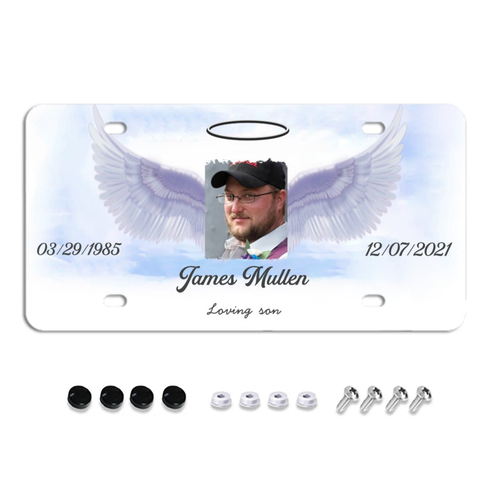 Unique Custom License Plate, Personalized Photo & Texts Angle Wing Memorial Decorative Front License Plate