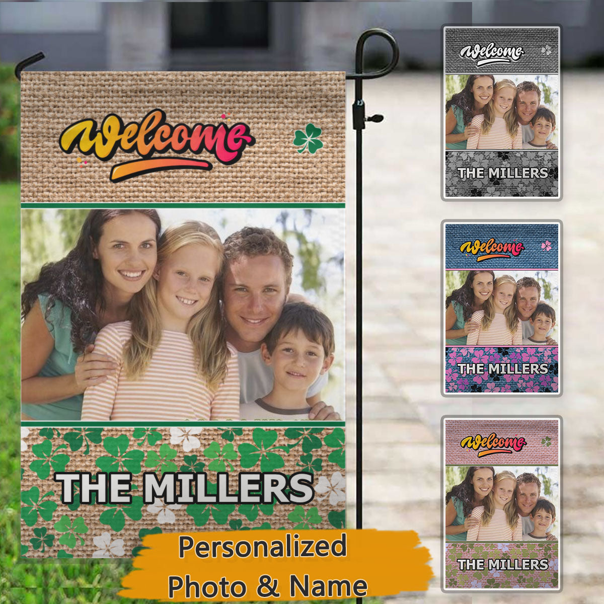 Shamrocks & Burlap Welcome – Personalized Photo & Family Name Garden & House Flag