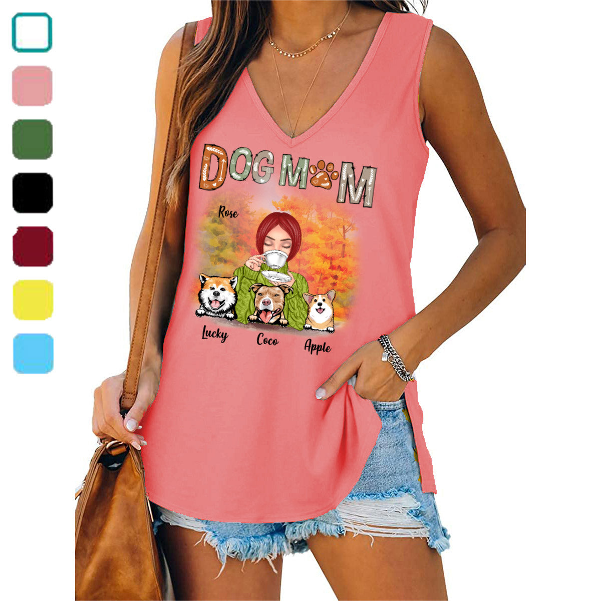 Fall Season Coffee Girl Dog Mom Personalized Women Tank Top V Neck Casual Flowy Sleeveless