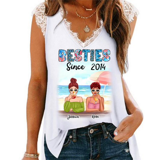 Besties Since Summer Patterned Personalized Women Tank Top V Neck Lace