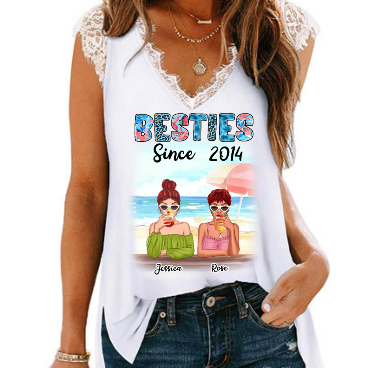 Besties Since Summer Patterned Personalized Women Tank Top V Neck Lace