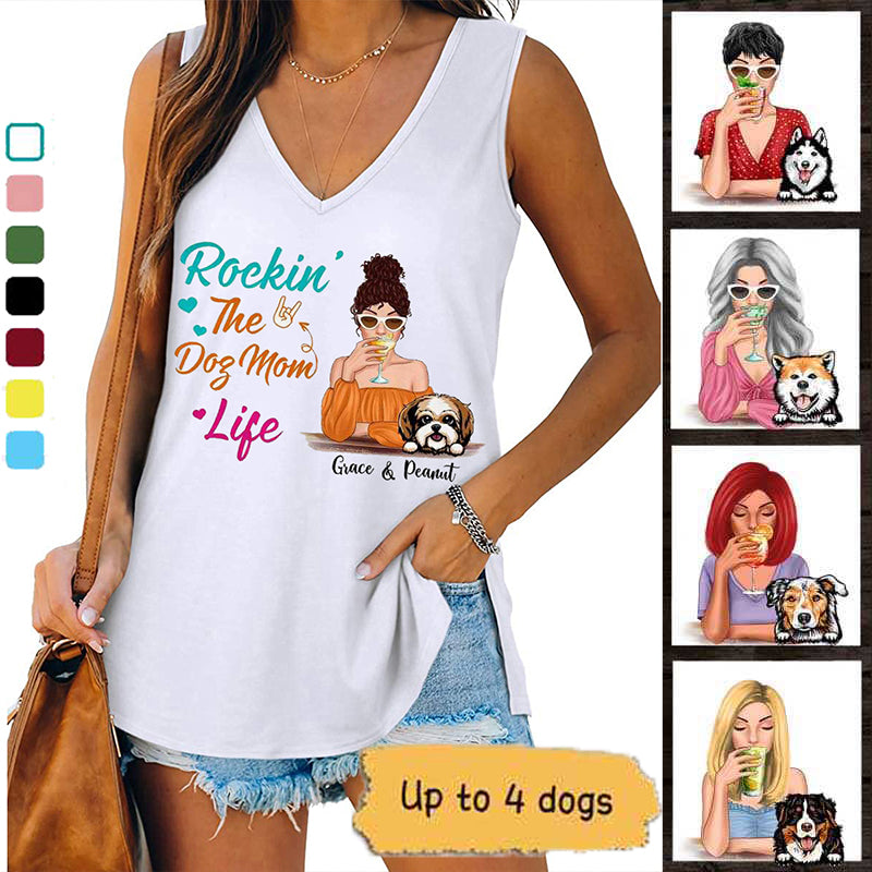 Rockin‘ Dog Mom Life Colorful Pattern Personalized Women Tank Top V Neck Casual Flowy Sleeveless