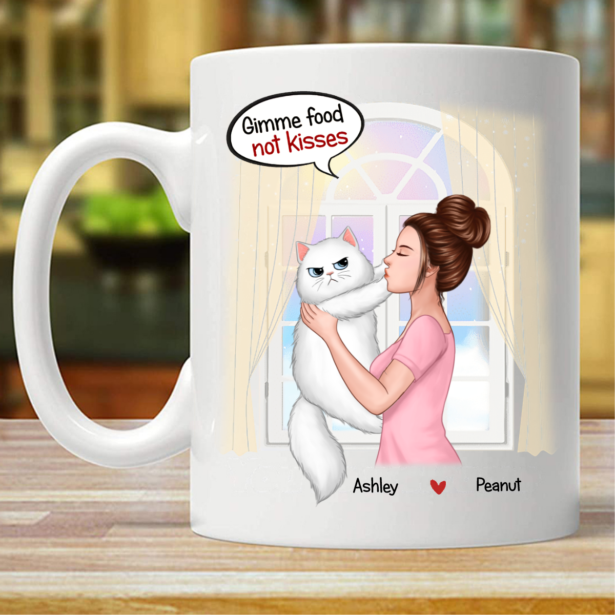 Gimme Me Food Not Kisses Girl & Cat Personalized Mug (Double-sided Printing)