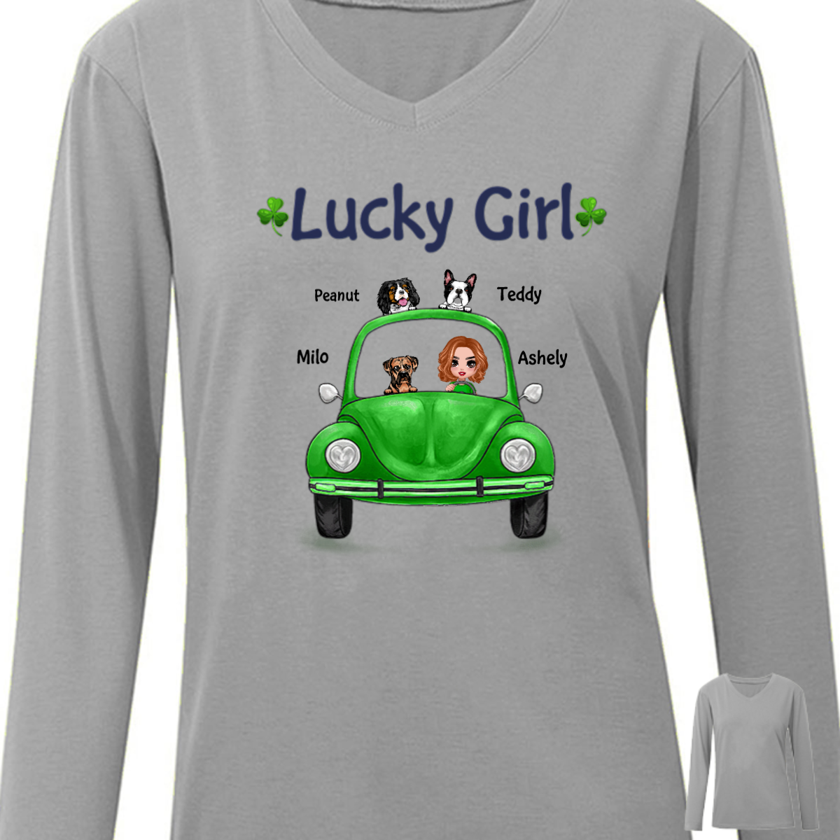 Doll Girl And Dogs In Car Lucky Girl St. Patrick‘s Day Irish Personalized Long Sleeve Shirt