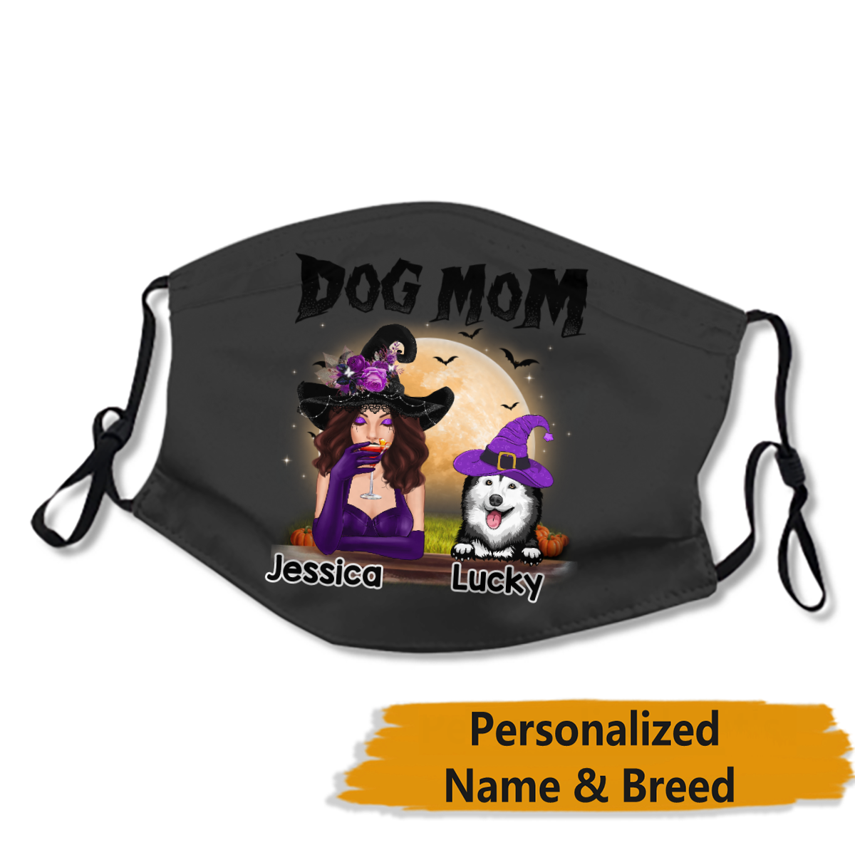 Halloween Witch Dog Mom Personalized Name Face Mask